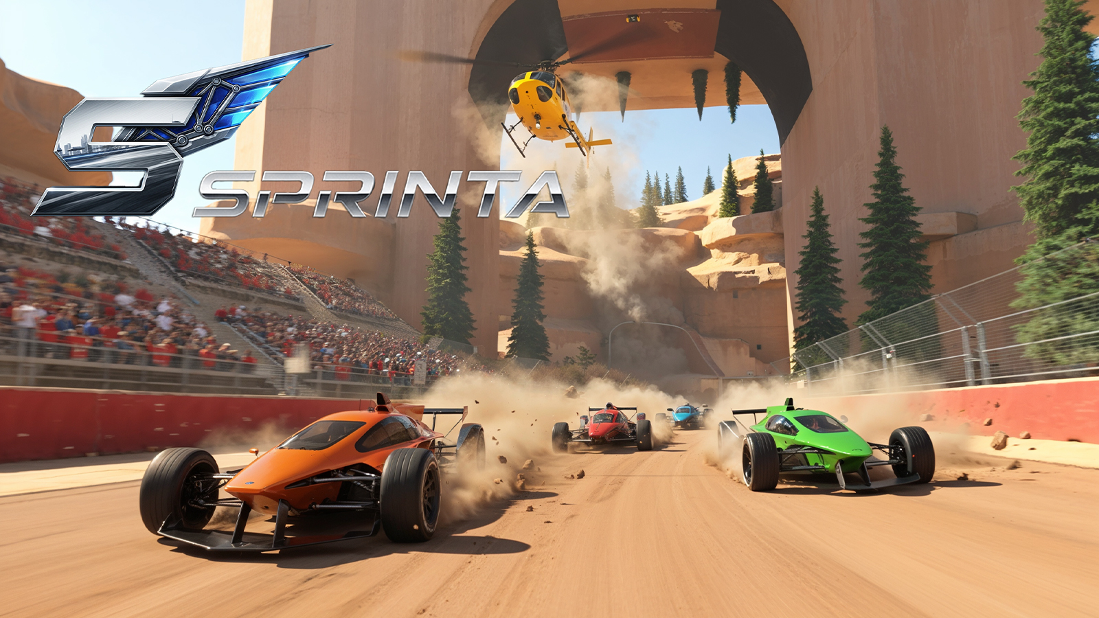 Sprinta 5 game cover art featuring red Mercedes-AMG ONE and a pair of Ford Broncos as they drive through the diverse open world landscapes of Mexico featuring green hills, sandy beaches, blue water, cream coloured rocks, a blue sky with white clouds